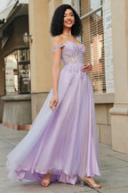 A-Line Off-Shoulder Corset Lace Applique Tulle Lavender Long Prom Dress