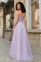 A-Line Off-Shoulder Corset Lace Applique Tulle Lavender Long Prom Dress