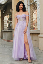 A-Line Off-Shoulder Corset Lace Applique Tulle Lavender Long Prom Dress