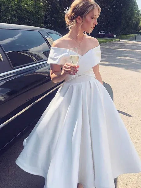 A-Line Off-Shoulder Twisted Flared Satin White Tea Length Homecoming Dress