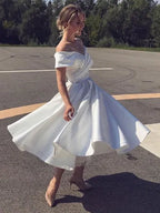 A-Line Off-Shoulder Twisted Flared Satin White Tea Length Homecoming Dress