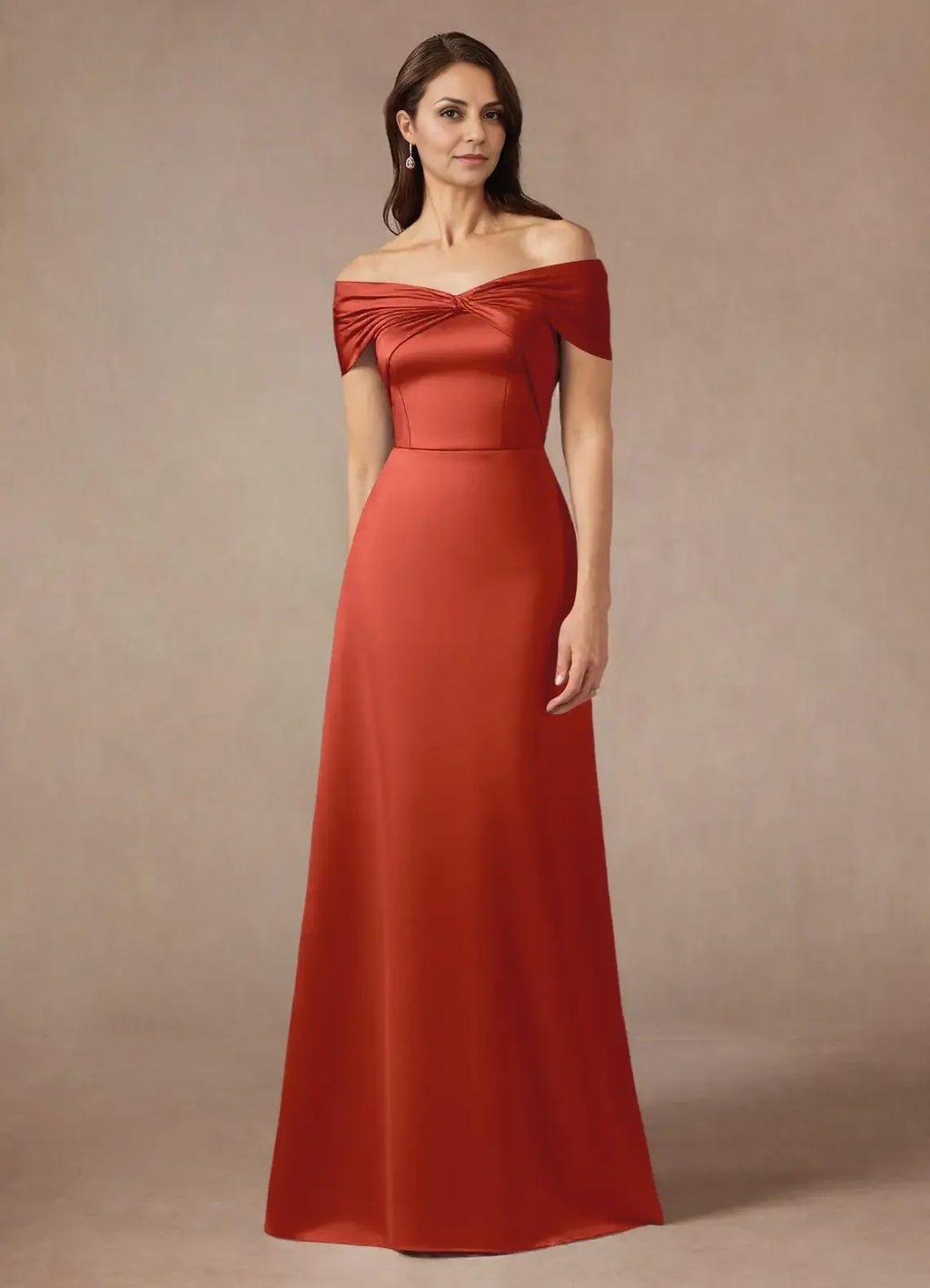 Rust Dress Elegant A-Line Off the Shoulder Dress Floor-Length Sleeveless Back Zip Pleated Mother of the Bride Dress