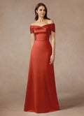 Rust Dress Elegant A-Line Off the Shoulder Dress Floor-Length Sleeveless Back Zip Pleated Mother of the Bride Dress