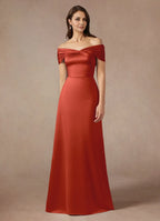 Rust Dress Elegant A-Line Off the Shoulder Dress Floor-Length Sleeveless Back Zip Pleated Mother of the Bride Dress