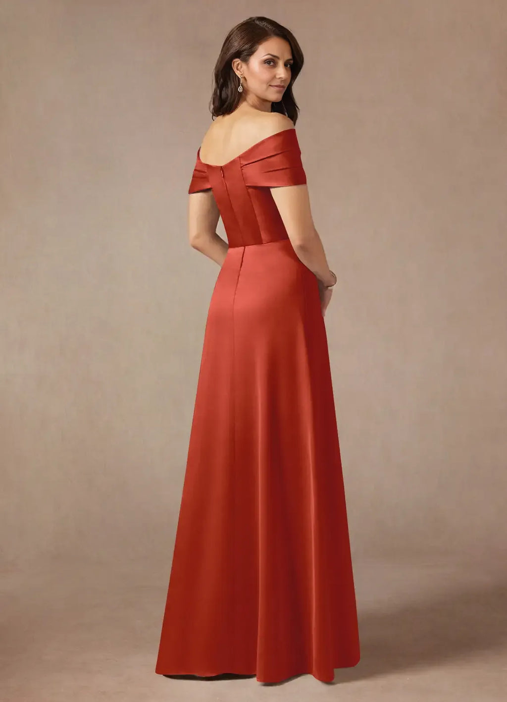Rust Dress Elegant A-Line Off the Shoulder Dress Floor-Length Sleeveless Back Zip Pleated Mother of the Bride Dress