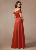 Rust Dress Elegant A-Line Off the Shoulder Dress Floor-Length Sleeveless Back Zip Pleated Mother of the Bride Dress