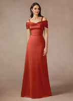 Rust Dress Elegant A-Line Off the Shoulder Dress Floor-Length Sleeveless Back Zip Pleated Mother of the Bride Dress