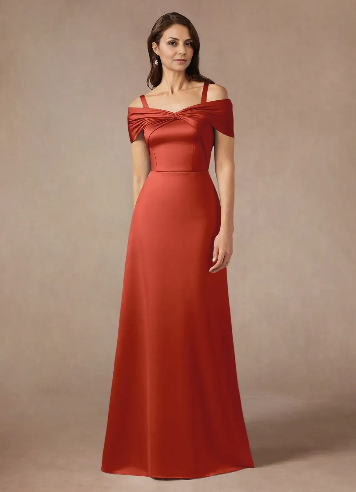 Rust Dress Elegant A-Line Off the Shoulder Dress Floor-Length Sleeveless Back Zip Pleated Mother of the Bride Dress
