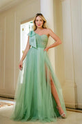 A-Line One Shoulder Bow Tulle Sage Green Floor Length Prom Dress For Sale