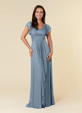 Blue Dress Simple Dusty A-Line Pleated Dress Floor-Length Short Sleeve V Back V-Neck Ruffles Mother of the Bride Dress