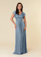 Blue Dress Simple Dusty A-Line Pleated Dress Floor-Length Short Sleeve V Back V-Neck Ruffles Mother of the Bride Dress