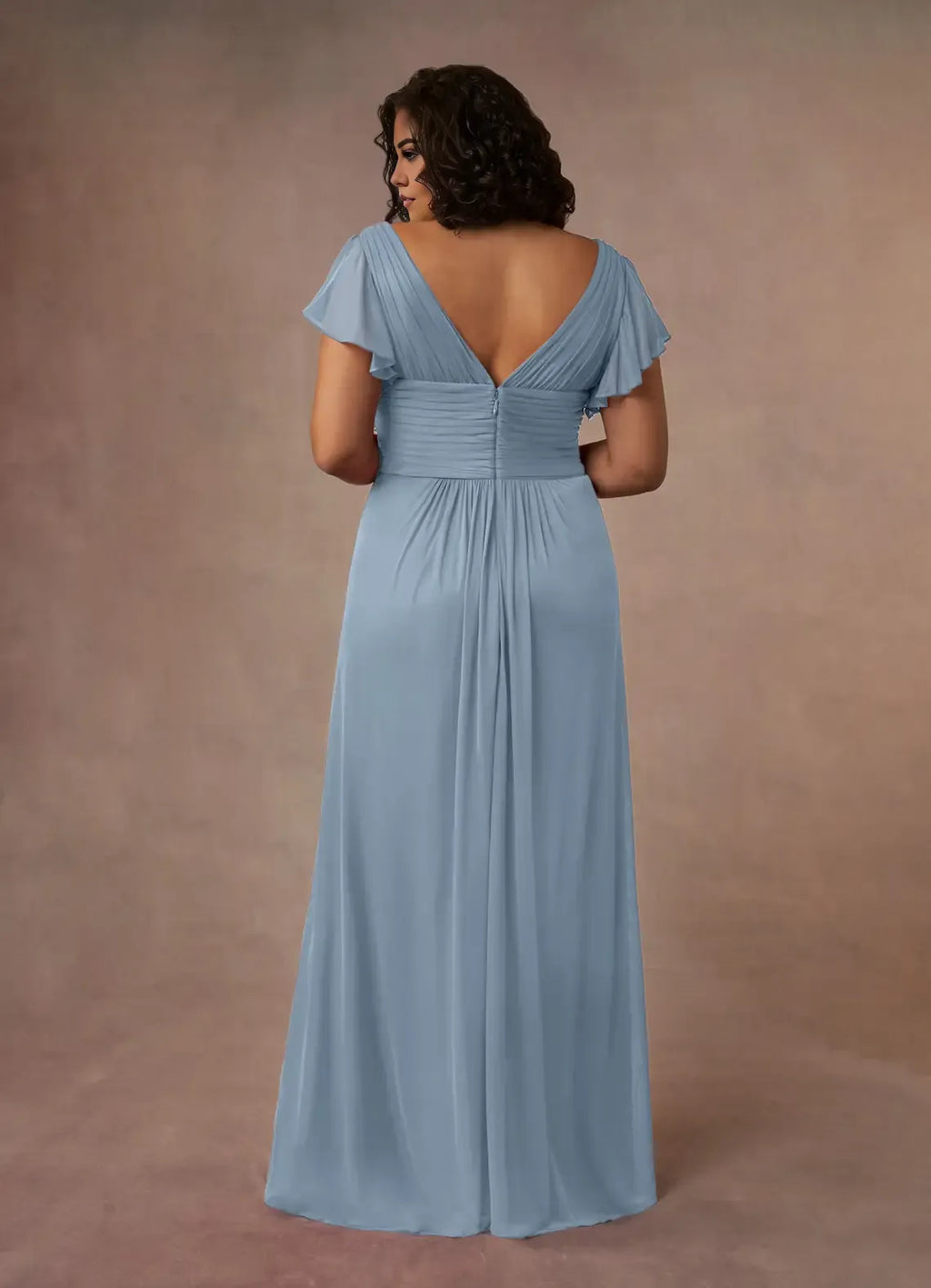 Blue Dress Simple Dusty A-Line Pleated Dress Floor-Length Short Sleeve V Back V-Neck Ruffles Plus Size Mother of the Bride Dress