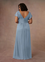 Blue Dress Simple Dusty A-Line Pleated Dress Floor-Length Short Sleeve V Back V-Neck Ruffles Plus Size Mother of the Bride Dress