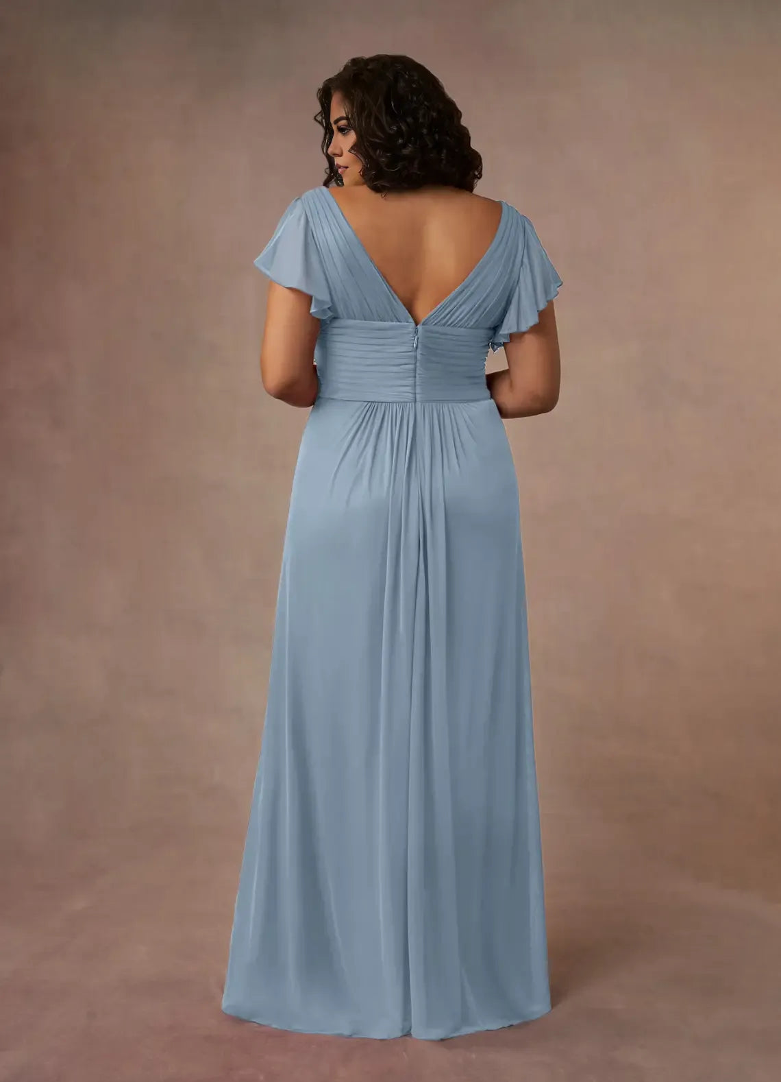 Blue Dress Simple Dusty A-Line Pleated Dress Floor-Length Short Sleeve V Back V-Neck Ruffles Plus Size Mother of the Bride Dress