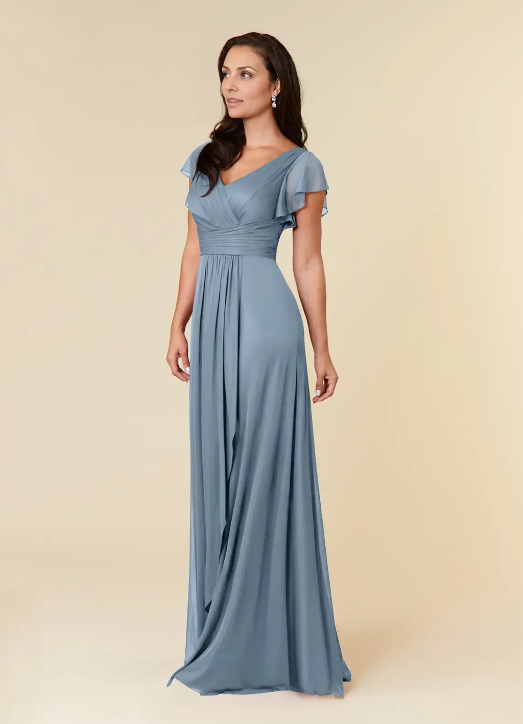 Blue Dress Simple Dusty A-Line Pleated Dress Floor-Length Short Sleeve V Back V-Neck Ruffles Mother of the Bride Dress