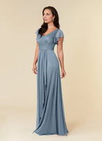 Blue Dress Simple Dusty A-Line Pleated Dress Floor-Length Short Sleeve V Back V-Neck Ruffles Mother of the Bride Dress