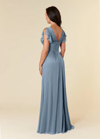 Blue Dress Simple Dusty A-Line Pleated Dress Floor-Length Short Sleeve V Back V-Neck Ruffles Mother of the Bride Dress