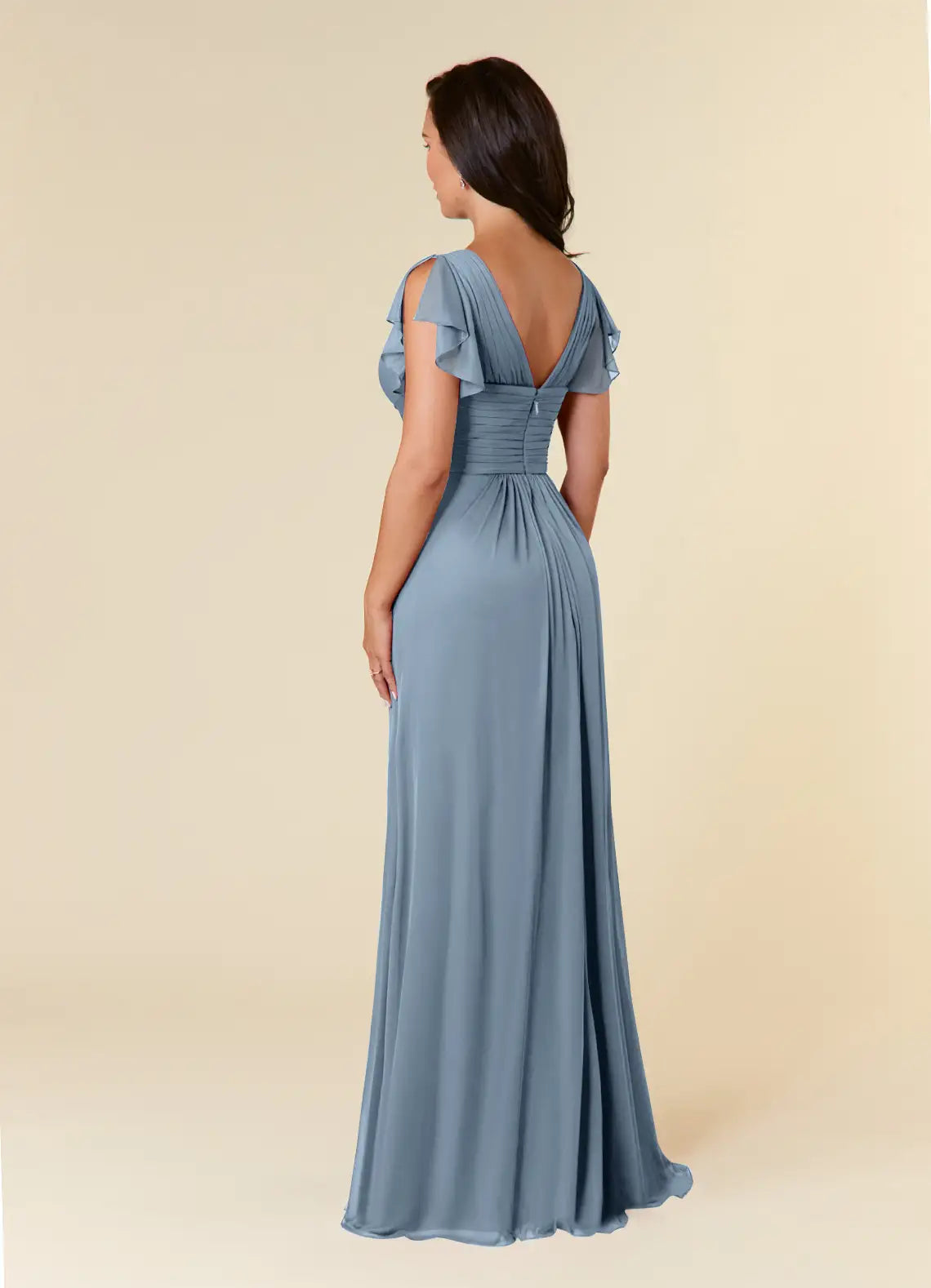 Blue Dress Simple Dusty A-Line Pleated Dress Floor-Length Short Sleeve V Back V-Neck Ruffles Mother of the Bride Dress