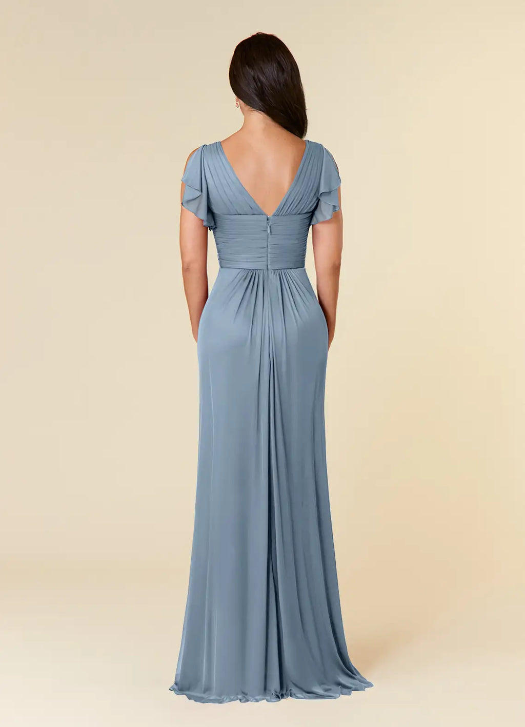 Blue Dress Simple Dusty A-Line Pleated Dress Floor-Length Short Sleeve V Back V-Neck Ruffles Mother of the Bride Dress
