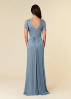 Blue Dress Simple Dusty A-Line Pleated Dress Floor-Length Short Sleeve V Back V-Neck Ruffles Mother of the Bride Dress