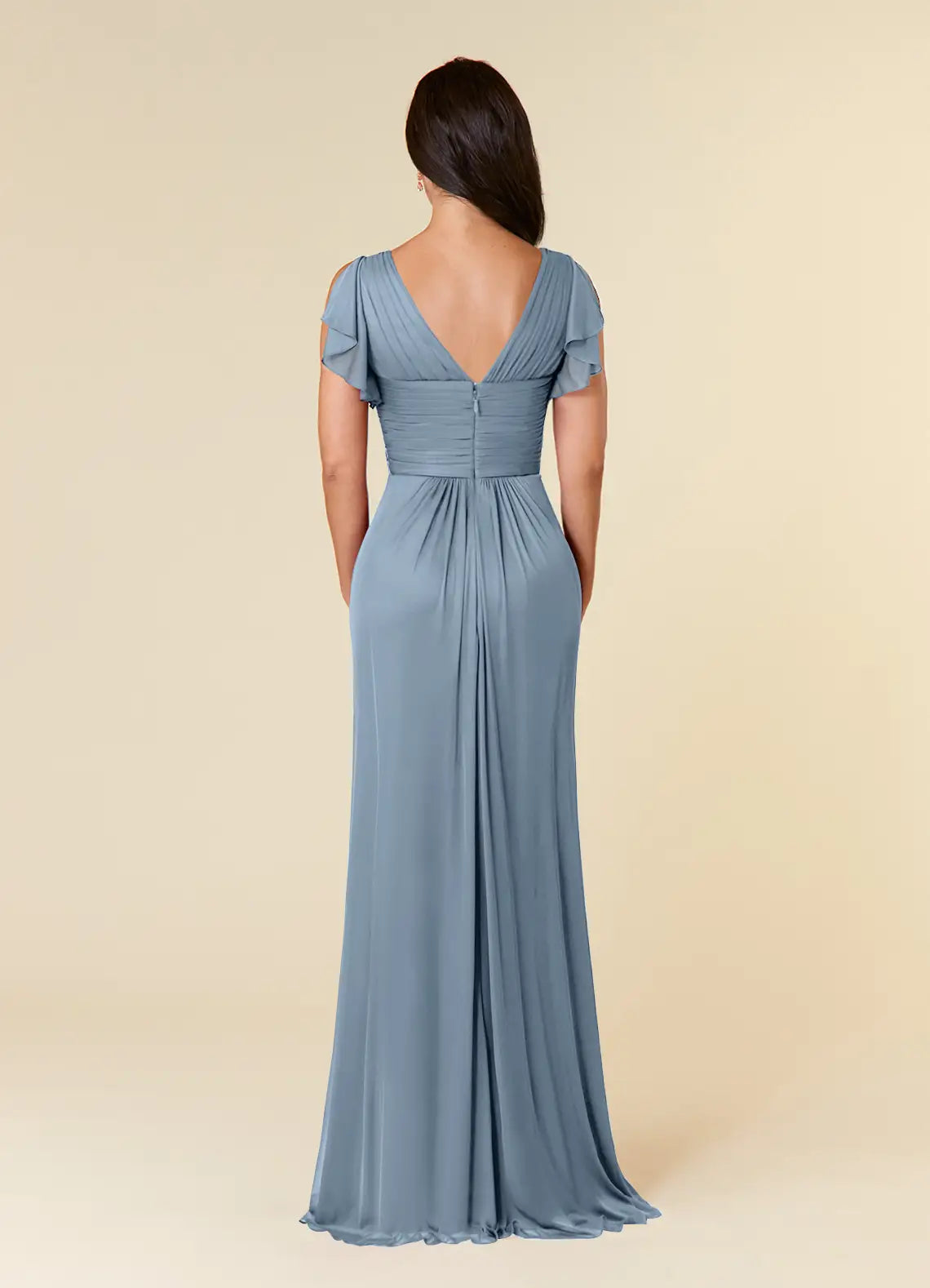 Blue Dress Simple Dusty A-Line Pleated Dress Floor-Length Short Sleeve V Back V-Neck Ruffles Mother of the Bride Dress
