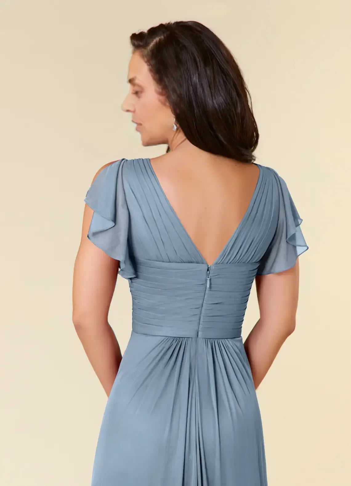 Blue Dress Simple Dusty A-Line Pleated Dress Floor-Length Short Sleeve V Back V-Neck Ruffles Mother of the Bride Dress