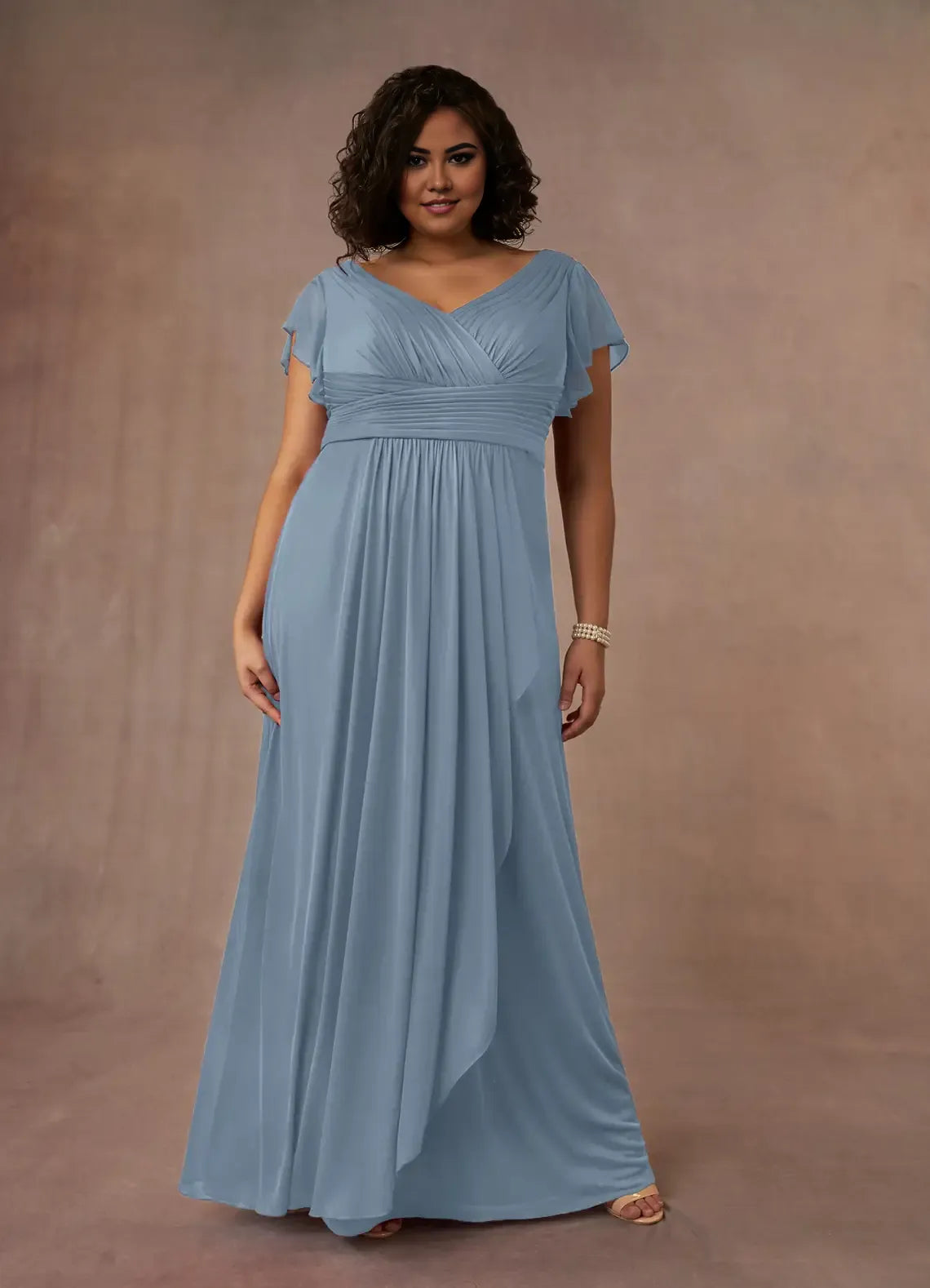 Blue Dress Simple Dusty A-Line Pleated Dress Floor-Length Short Sleeve V Back V-Neck Ruffles Plus Size Mother of the Bride Dress