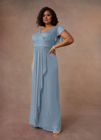 Blue Dress Simple Dusty A-Line Pleated Dress Floor-Length Short Sleeve V Back V-Neck Ruffles Plus Size Mother of the Bride Dress