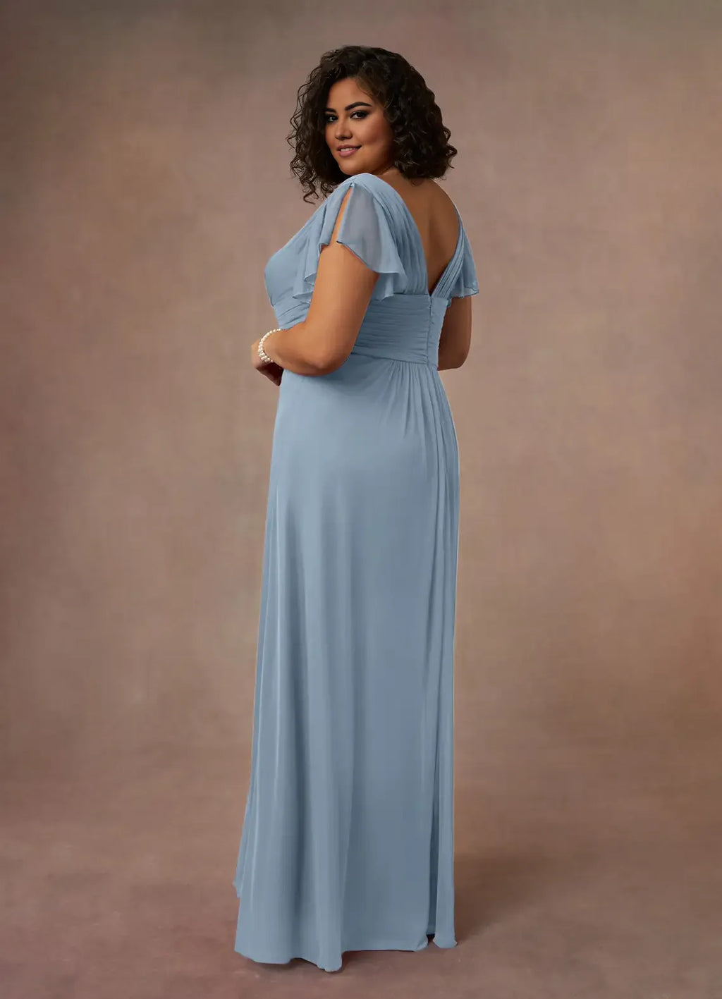 Blue Dress Simple Dusty A-Line Pleated Dress Floor-Length Short Sleeve V Back V-Neck Ruffles Plus Size Mother of the Bride Dress