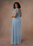 Blue Dress Simple Dusty A-Line Pleated Dress Floor-Length Short Sleeve V Back V-Neck Ruffles Plus Size Mother of the Bride Dress