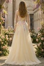 A-Line Round Neck Long Sleeve Corset Appliqued Tulle Champagne Maxi Prom Dress