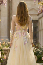 A-Line Round Neck Long Sleeve Corset Appliqued Tulle Champagne Maxi Prom Dress
