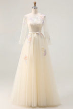 A-Line Round Neck Long Sleeve Corset Appliqued Tulle Champagne Maxi Prom Dress