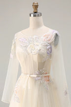 A-Line Round Neck Long Sleeve Corset Appliqued Tulle Champagne Maxi Prom Dress