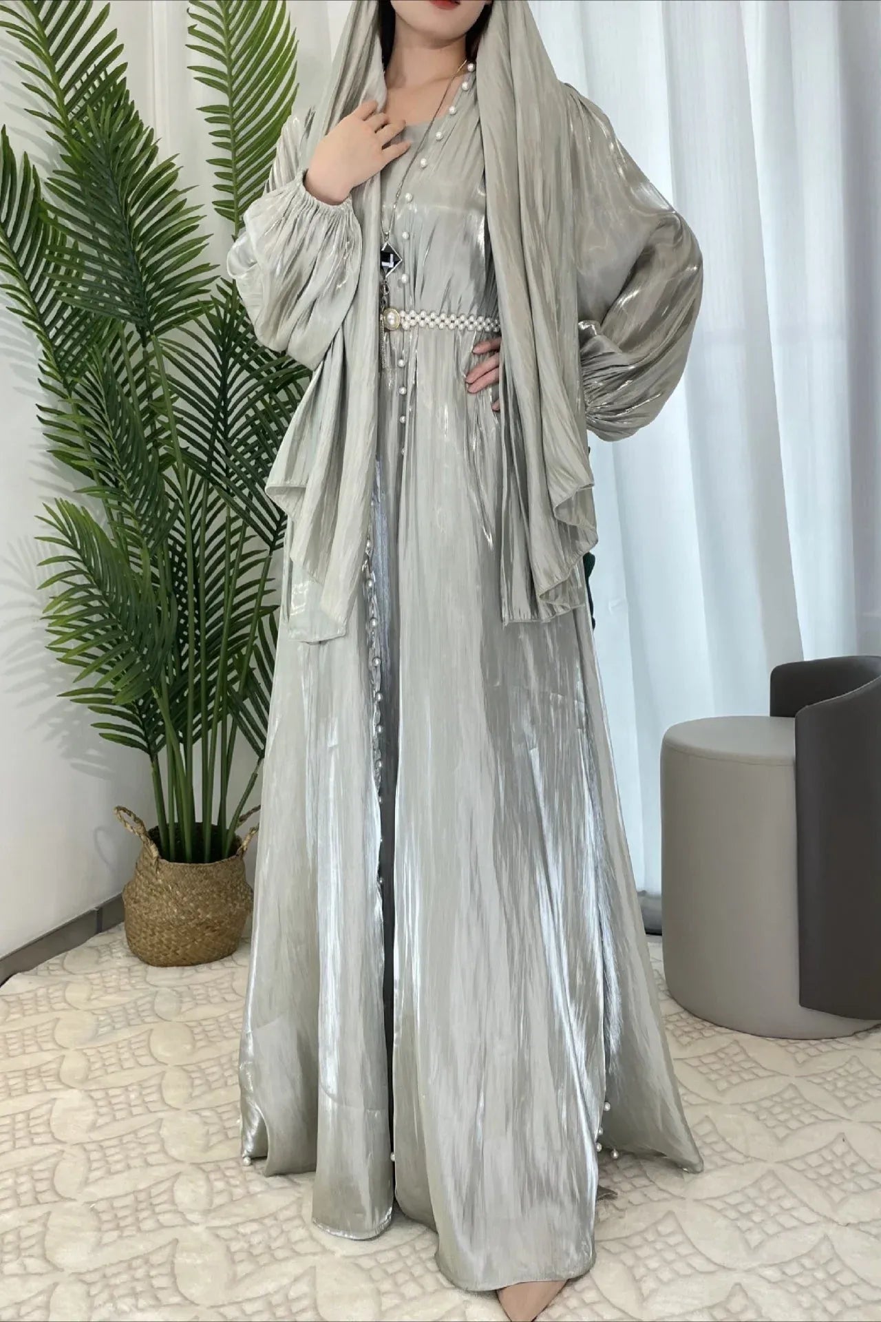 Light Blue A-Line Round Neck Pearl Three-Piece Light Floor-Length Prom Dress With Scarf