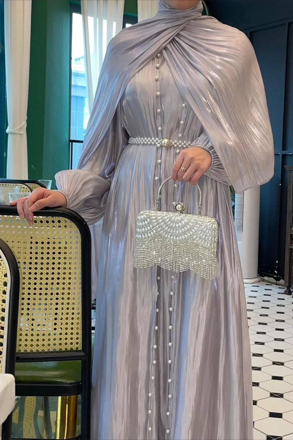 Light Blue A-Line Round Neck Pearl Three-Piece Light Floor-Length Prom Dress With Scarf
