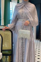 Light Blue A-Line Round Neck Pearl Three-Piece Light Floor-Length Prom Dress With Scarf