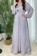 Light Blue A-Line Round Neck Pearl Three-Piece Light Floor-Length Prom Dress With Scarf
