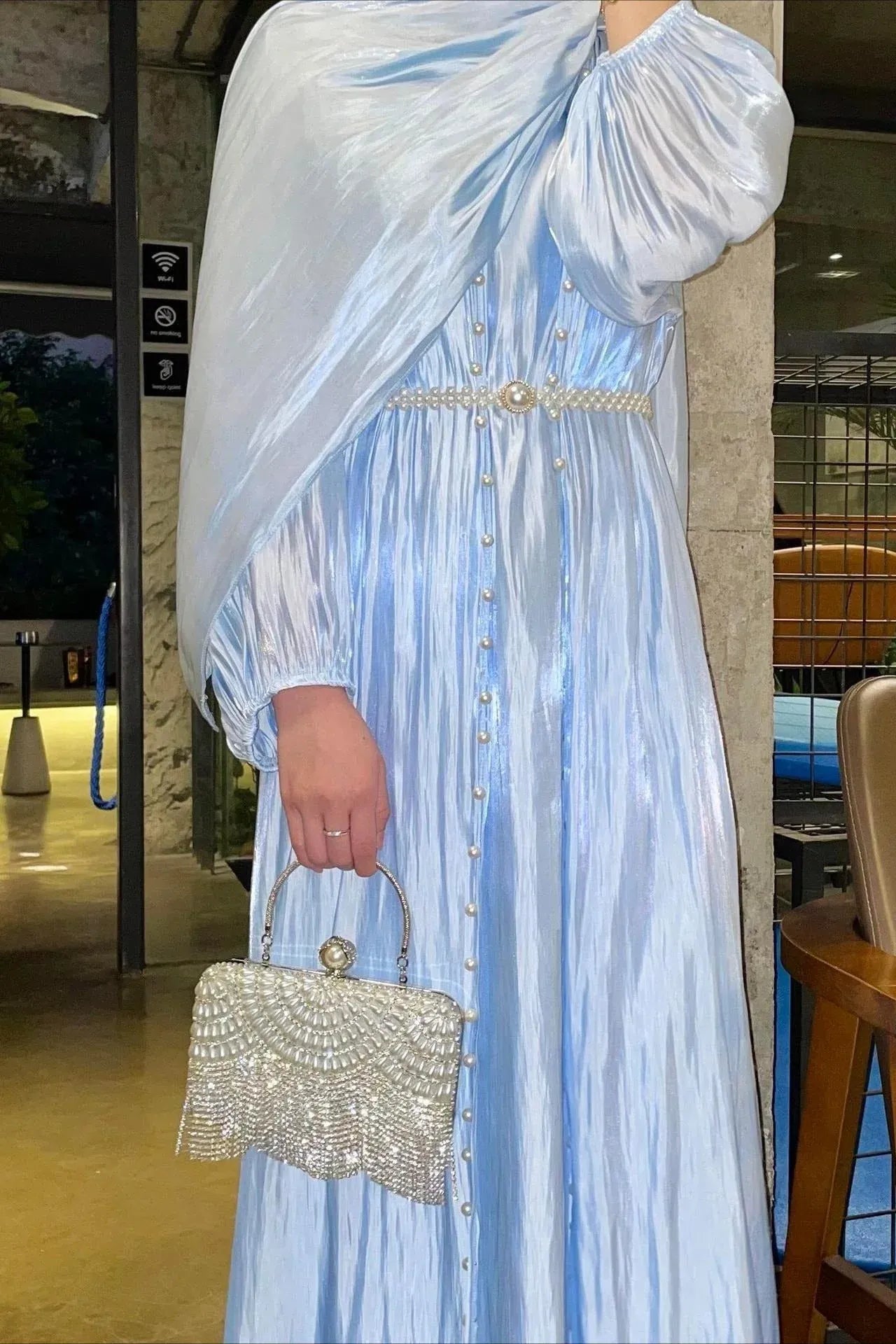 Light Blue A-Line Round Neck Pearl Three-Piece Light Floor-Length Prom Dress With Scarf