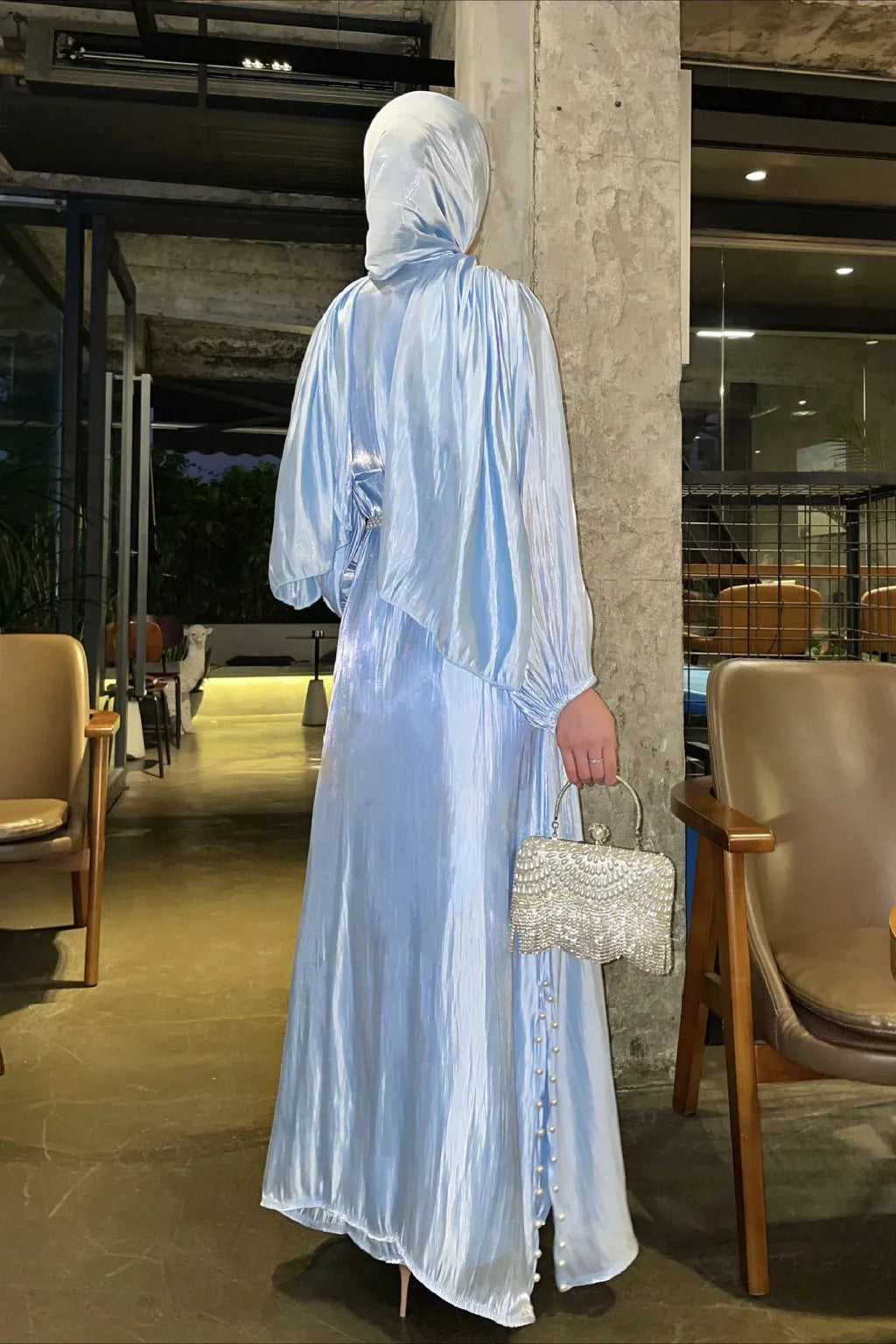 Light Blue A-Line Round Neck Pearl Three-Piece Light Floor-Length Prom Dress With Scarf