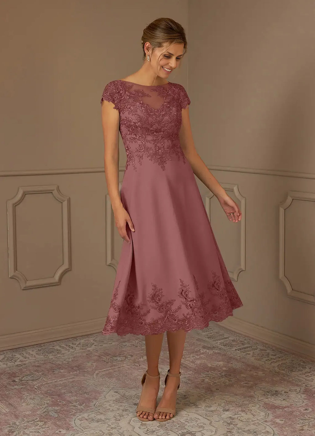 Dress Romantic Desert Rose A-Line Scoop Dress Midi-Length Cap Sleeve Illusion Back V Back Mother of the Bride Dress