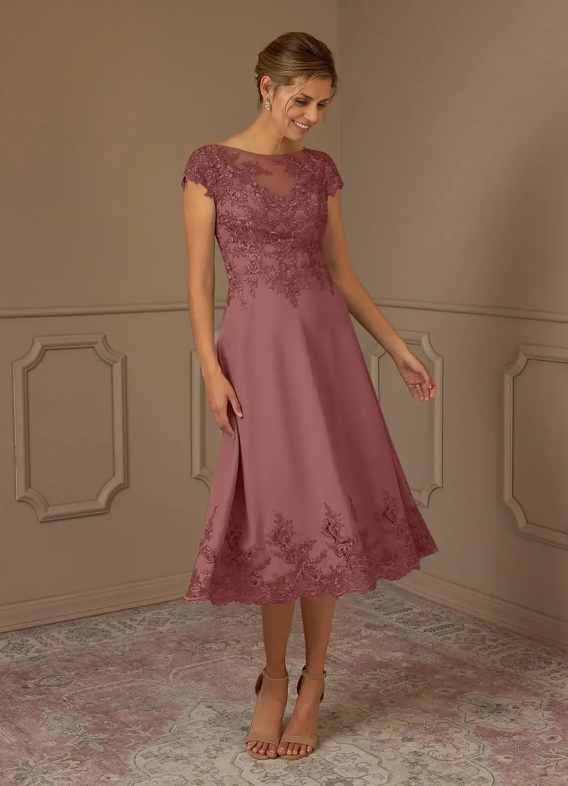 Dress Romantic Desert Rose A-Line Scoop Dress Midi-Length Cap Sleeve Illusion Back V Back Mother of the Bride Dress