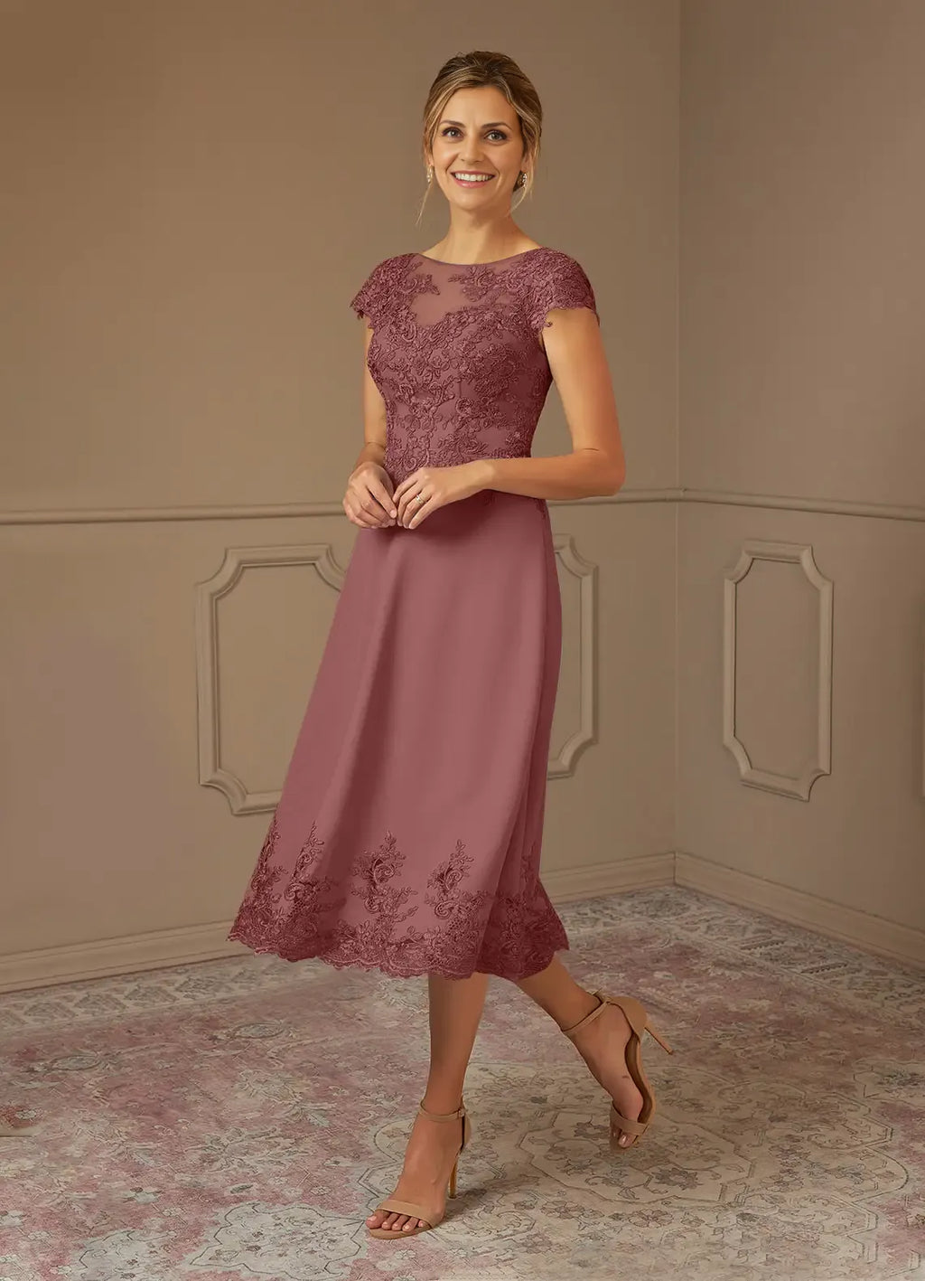 Dress Romantic Desert Rose A-Line Scoop Dress Midi-Length Cap Sleeve Illusion Back V Back Mother of the Bride Dress