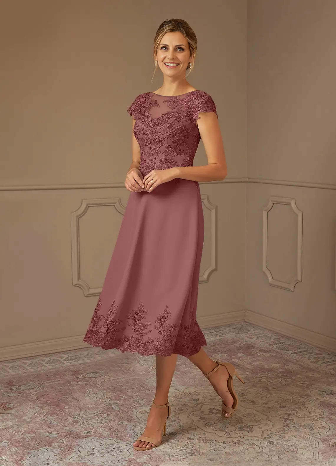 Dress Romantic Desert Rose A-Line Scoop Dress Midi-Length Cap Sleeve Illusion Back V Back Mother of the Bride Dress