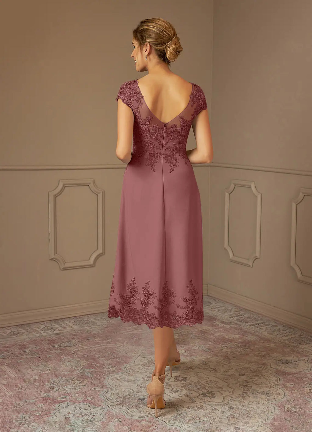 Dress Romantic Desert Rose A-Line Scoop Dress Midi-Length Cap Sleeve Illusion Back V Back Mother of the Bride Dress