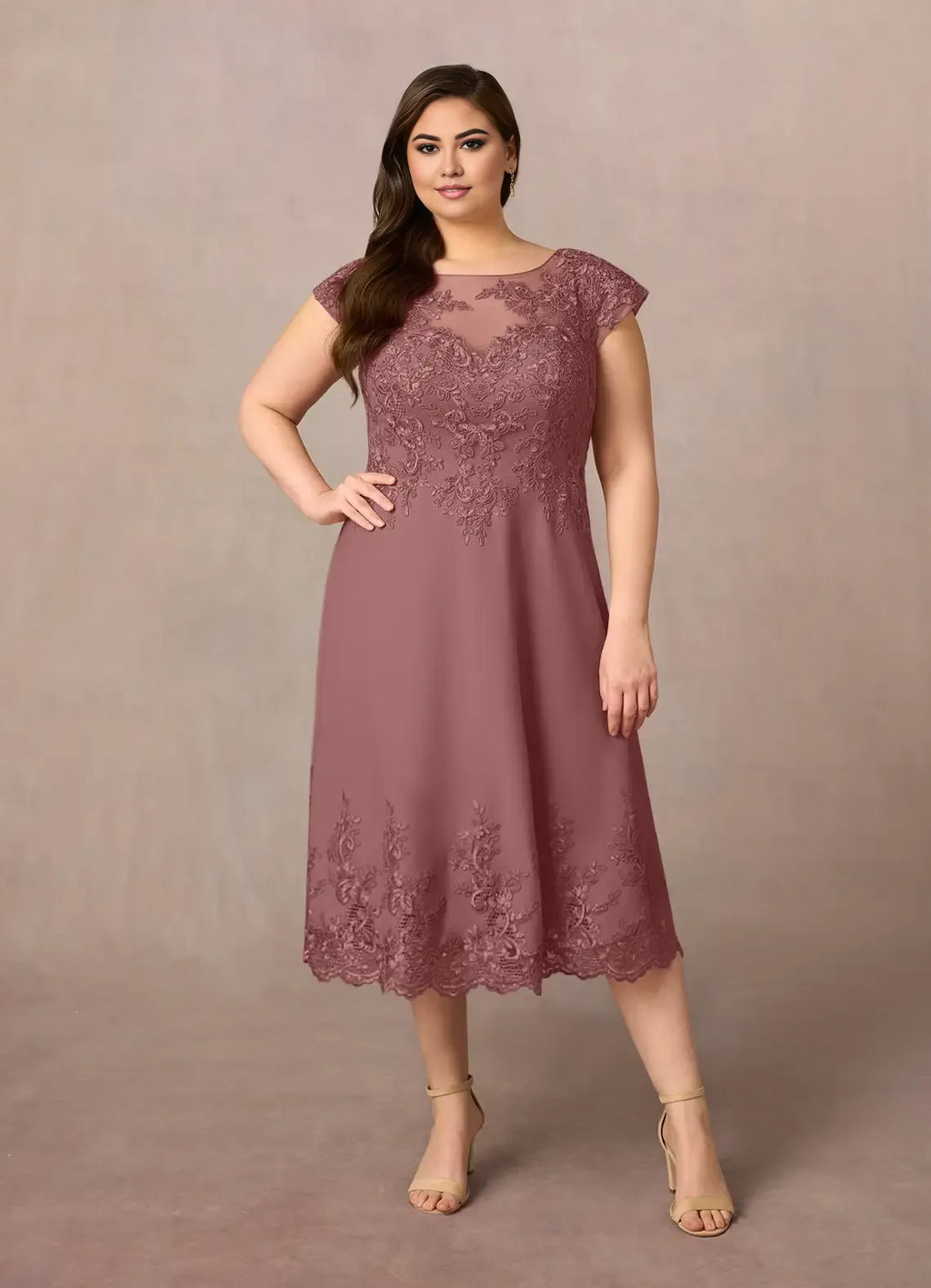 Dress Romantic Desert Rose A-Line Scoop Dress Midi-Length Cap Sleeve Illusion Back V Back Plus Size Mother of the Bride Dress