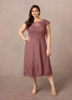 Dress Romantic Desert Rose A-Line Scoop Dress Midi-Length Cap Sleeve Illusion Back V Back Plus Size Mother of the Bride Dress