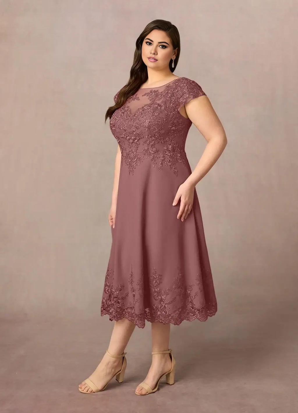 Dress Romantic Desert Rose A-Line Scoop Dress Midi-Length Cap Sleeve Illusion Back V Back Plus Size Mother of the Bride Dress