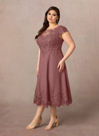 Dress Romantic Desert Rose A-Line Scoop Dress Midi-Length Cap Sleeve Illusion Back V Back Plus Size Mother of the Bride Dress
