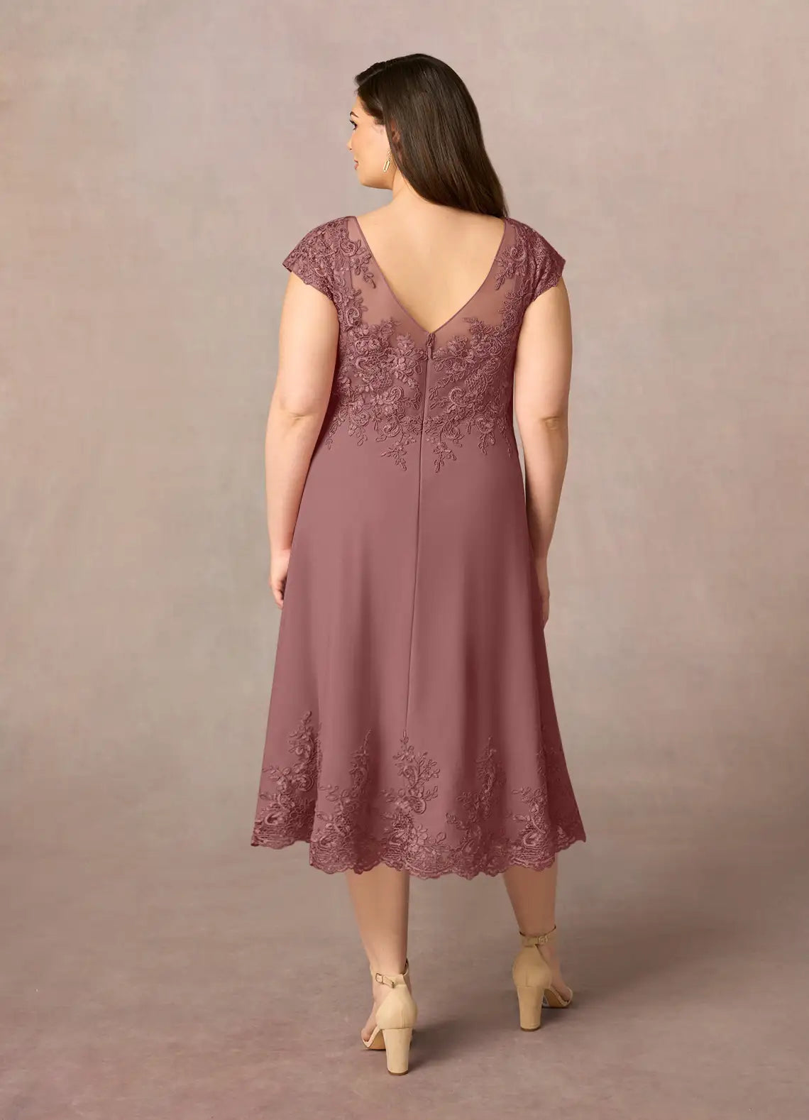 Dress Romantic Desert Rose A-Line Scoop Dress Midi-Length Cap Sleeve Illusion Back V Back Plus Size Mother of the Bride Dress